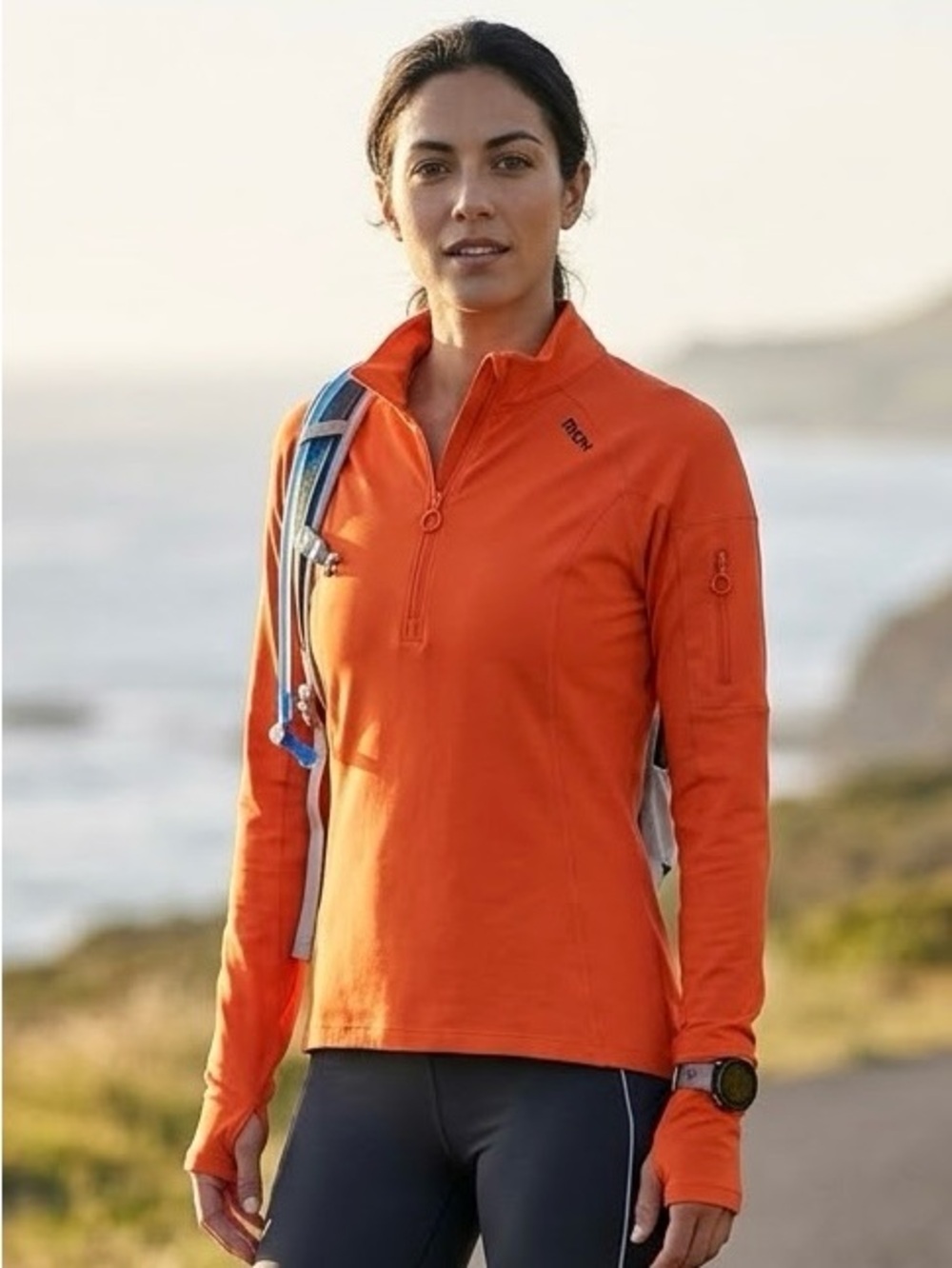 RION Women's Orange 1/4 Zip Thermal Fleece Cycling Running Pullover Jacket M